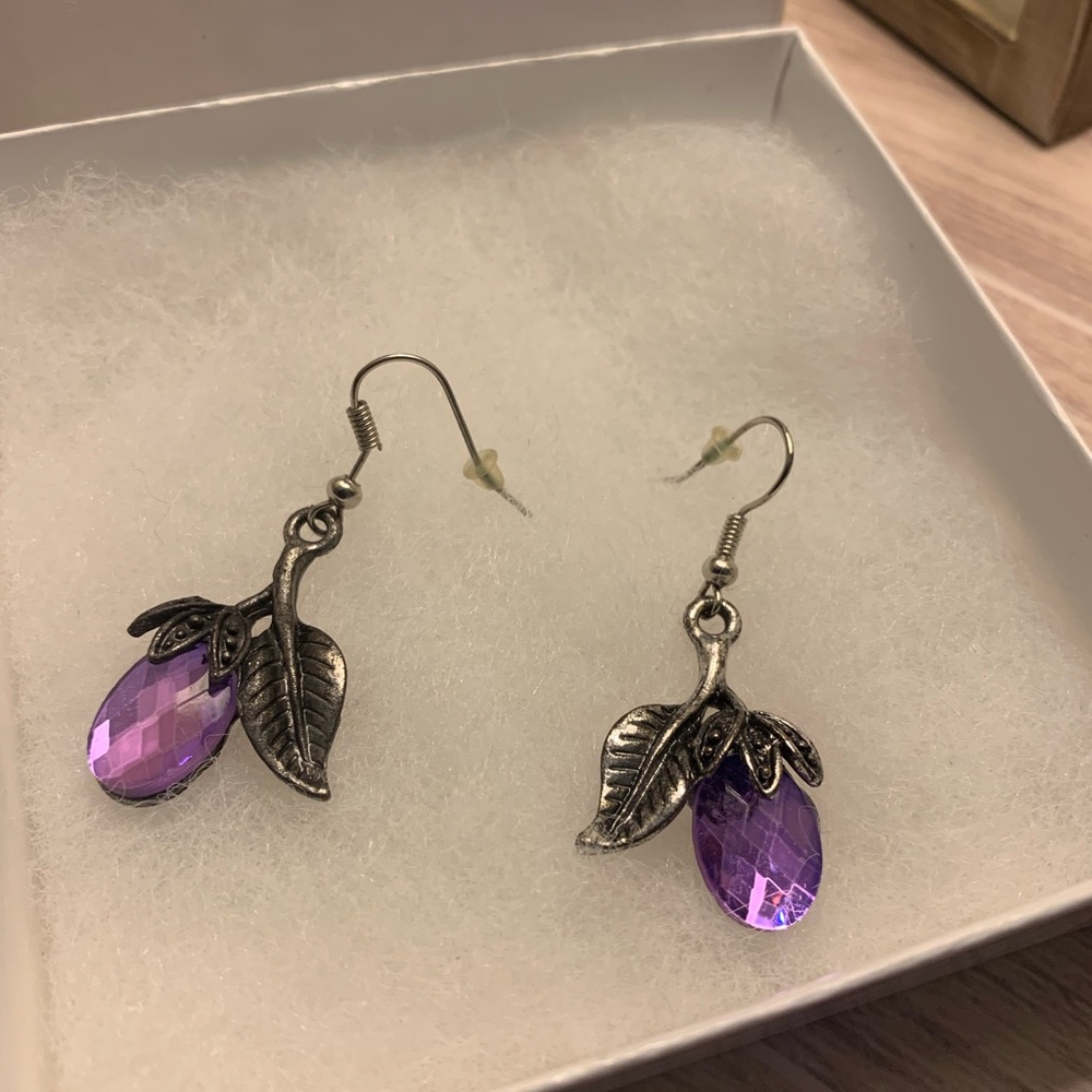 Purple Stone Leaf Drop Earrings - Picture 6 of 6